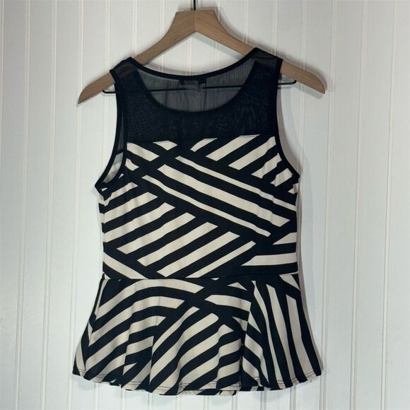 Ambiance Black White Stripe Peplum Top XL Mesh Panel Sleeveless Geometric USA - Picture 6 of 7